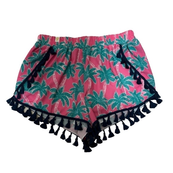 Simply Southern Pink Palm Tree Print Fringe Tassel Shorts Size S/M - Picture 2 of 5